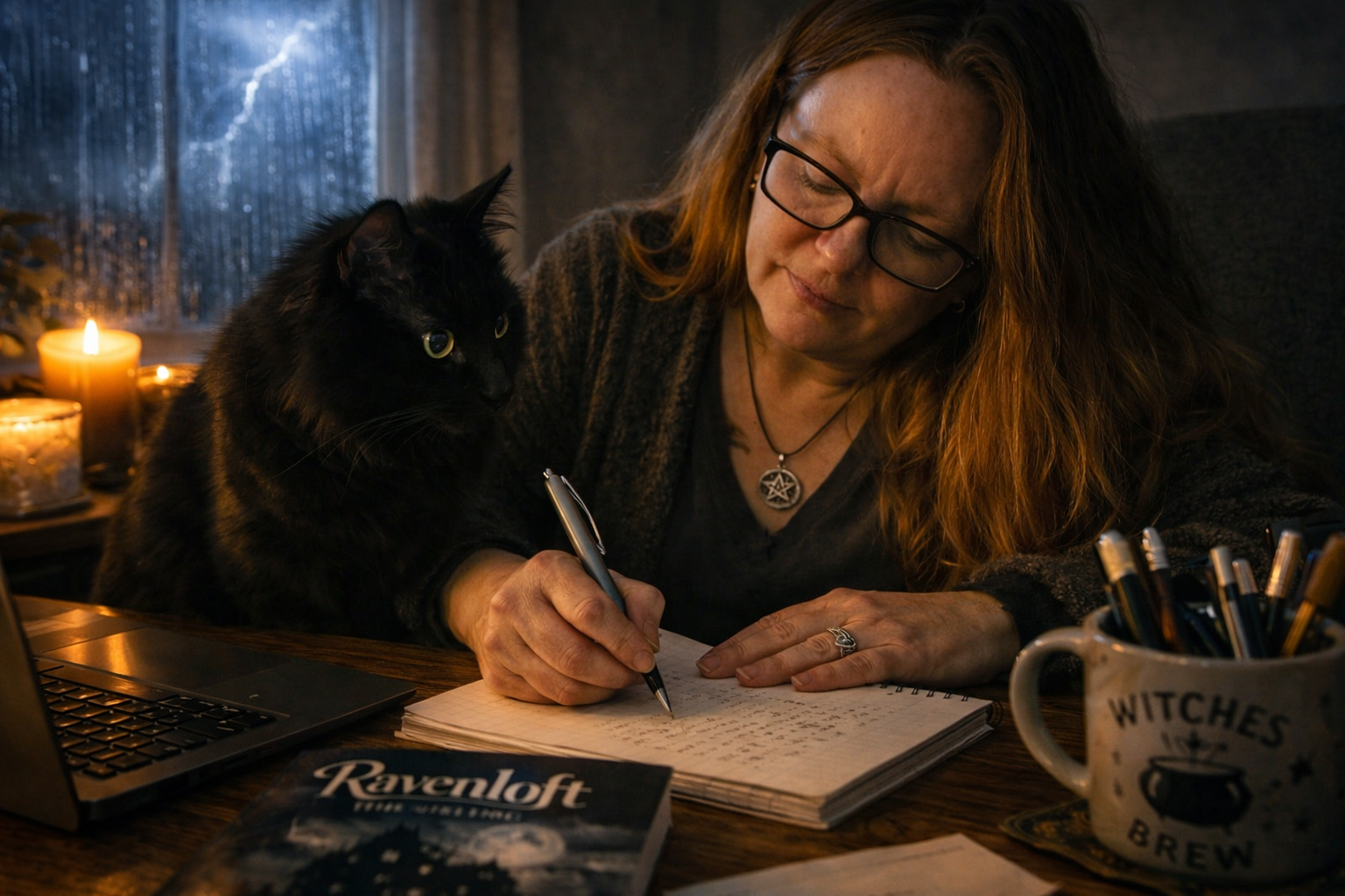 K.G. Rhodes writing at her desk with her black cat nearby